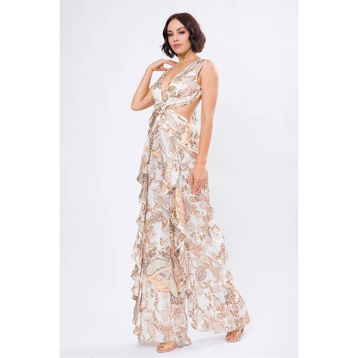 DORCAS - Wholesale Jumpsuit - Women's - YORYU PRINT DEEP V-NECK RUFFLE JUMPSUIT