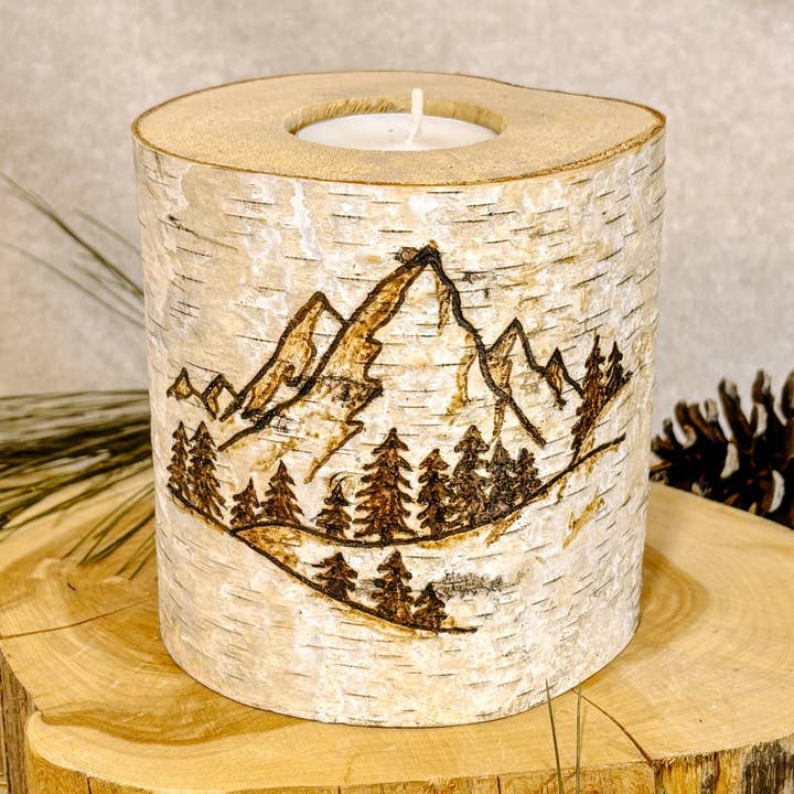 Handcrafted Birch Wood Candle Holder - Mountains for wholesale by JV Country Creations