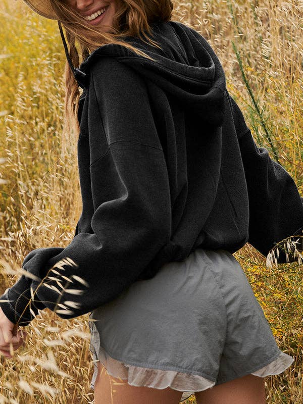 UZ Wholesale Store – Engroshandel Hoodie – Kvinder – Løs hættetrøje med snoretræk, kløft, lynlås og puffede ærmer7