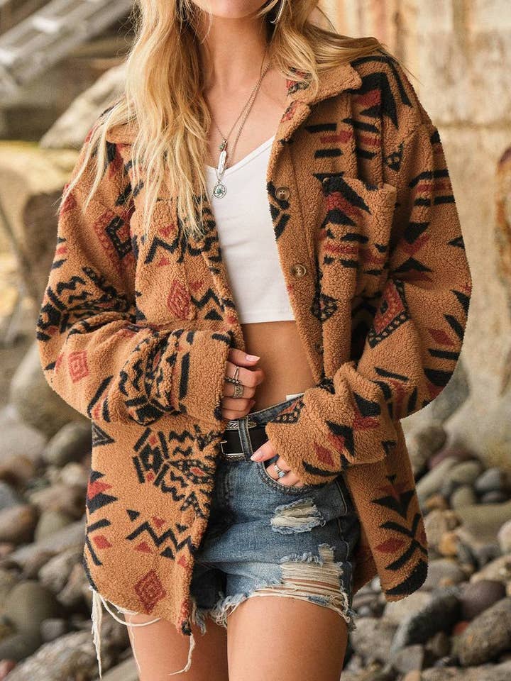 Camel Vintage Plush Lapel Long-Sleeved Jacket for wholesale on Faire2