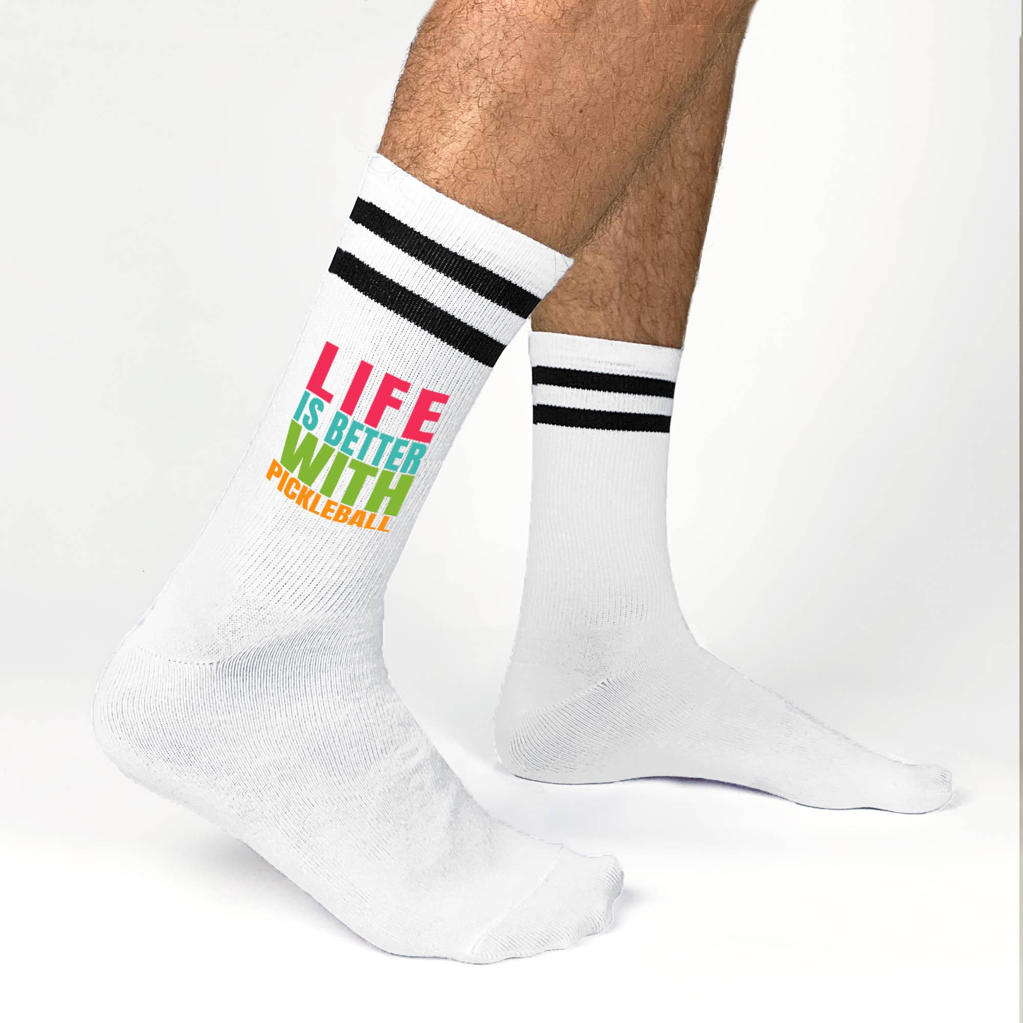 White Black Pickleball Striped Socks - Life is Better with Pickleball for wholesale on Faire3