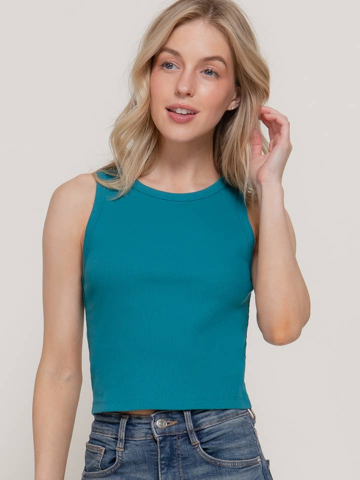 Ärmlös rundhalsad bomullspandexribbstickad topp för wholesale av Active Basic | Active USA