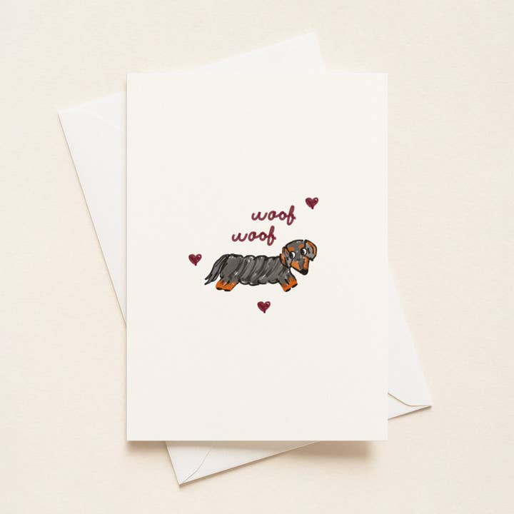 "Woof Woof” Greeting Cards - Black and Tan Doxie for wholesale by Rue 32