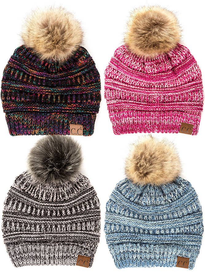 Gorro de malha de cabo multitom C.C com chapéu de inverno Pom por atacado de Hana