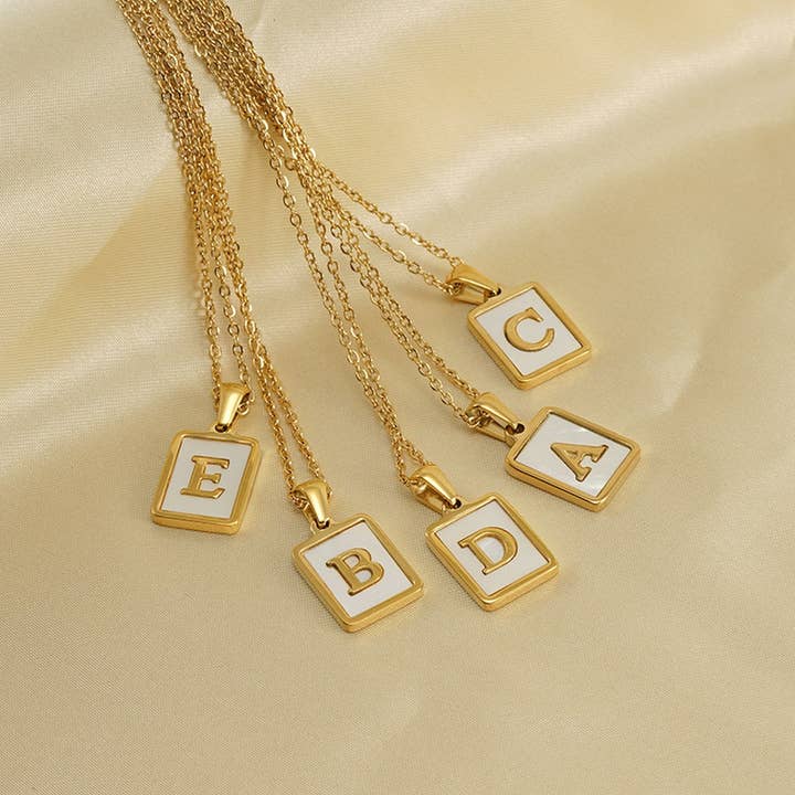 NINEXIS - Wholesale Pendant/Charm Necklace - CWAJE1917_Square Stainless Steel White Shell Letter Necklace27