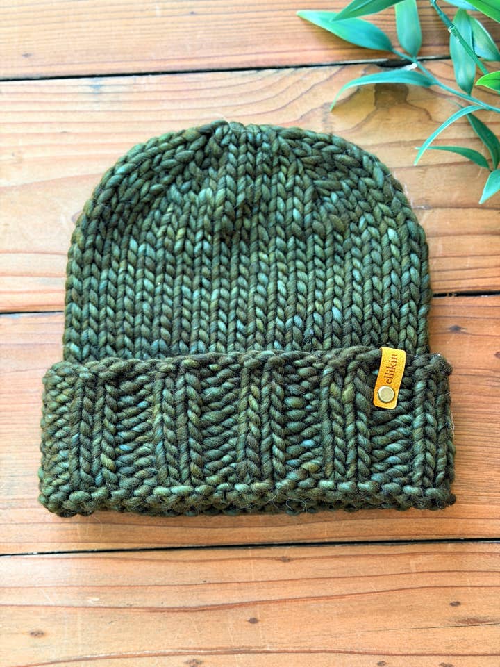 Alpine Trail Beanie in Olive for wholesale by Ellikin Knits