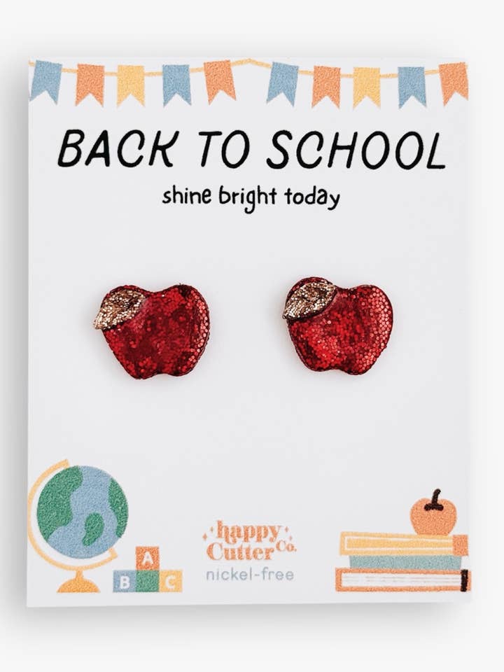 Glitter Apple Stud Earrings | Back to School Gift Studs for wholesale by Happy Cutter Co