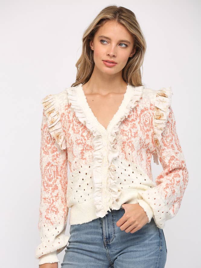IVORY CORAL YELLOW RUFFLE TRIMMED FRONT BUTTON CLOSURE CARDIGAN FW15099 for wholesale on Faire