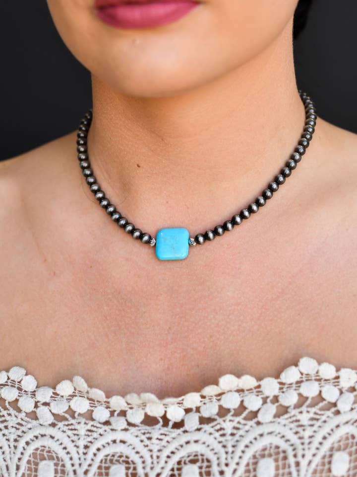 14" Faux Navajo-Perlen-Halsband mit quadratischem türkisfarbenem Akzent für den Großhandel von West & Co.