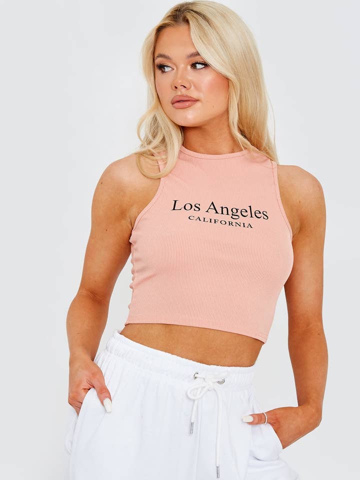Stylewise Direct – wholesale Linne (Tryckt) - Dam – Los Angeles Ribbad Väst Crop Top
