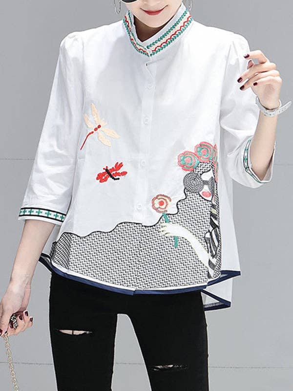 BIANCO Camicette e camicie larghe con colletto alla coreana con figura ricamata plus size in vendita all'ingrosso su Faire