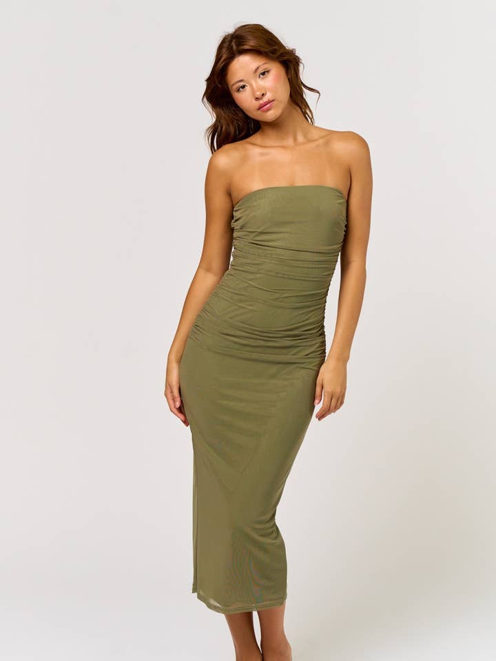 BD23756-1 Strapless Ruched Midi Dress for wholesale by Blue Blush
