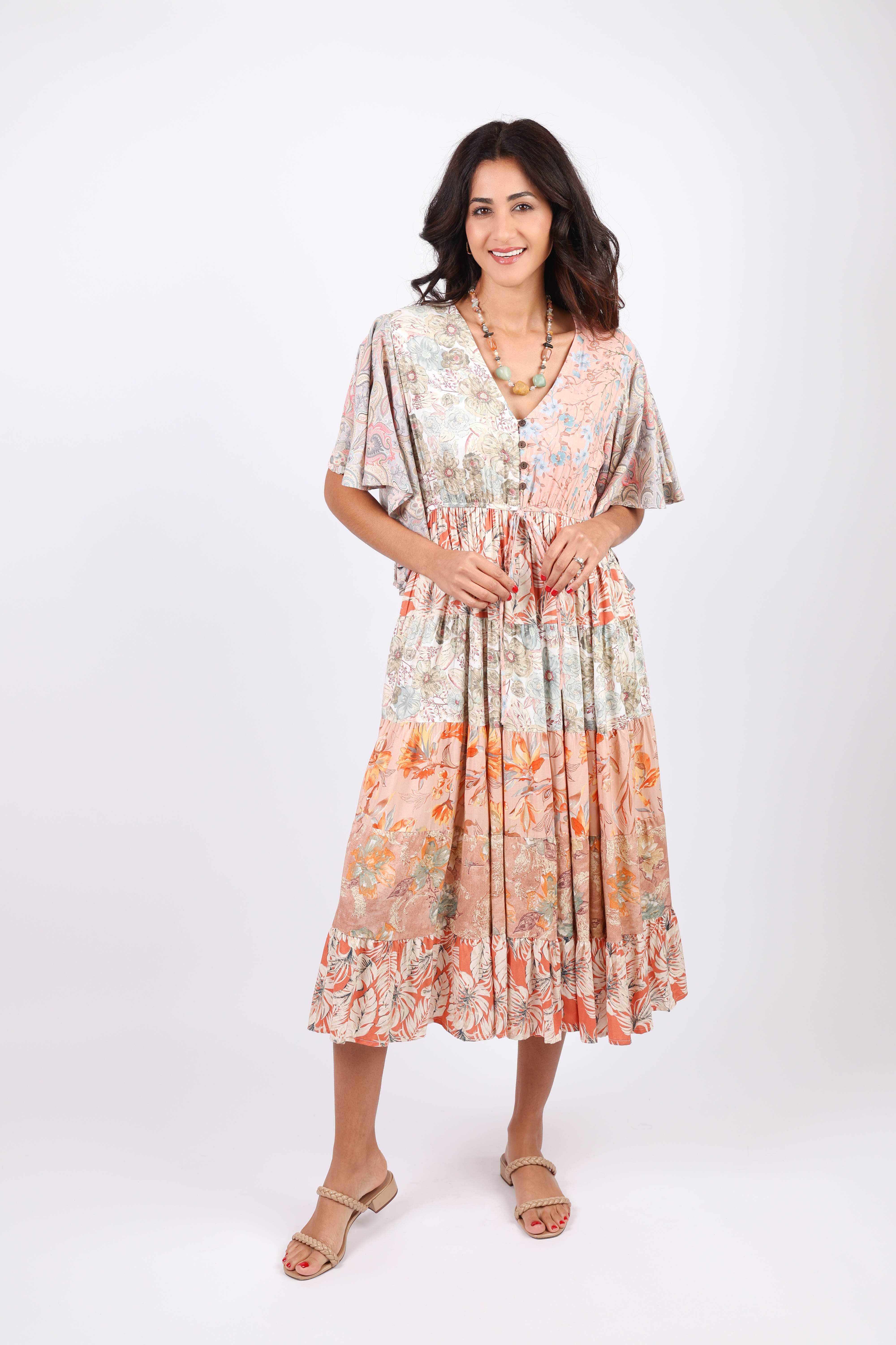 Sacred Threads - Wholesale Dress - Women's - Flutter Sleeve Boho Dress: Daydreamer Blossom Patchwork6