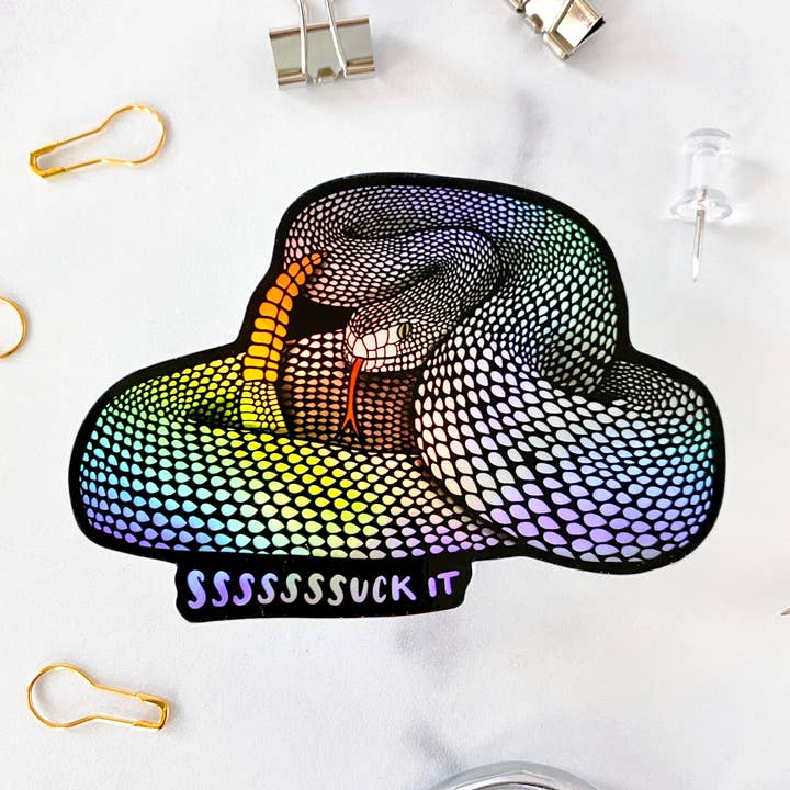 Suck It Snake - Adhesivo de vinilo (holográfico) para venta al por mayor de Billie Claire Illustration (Handmade)