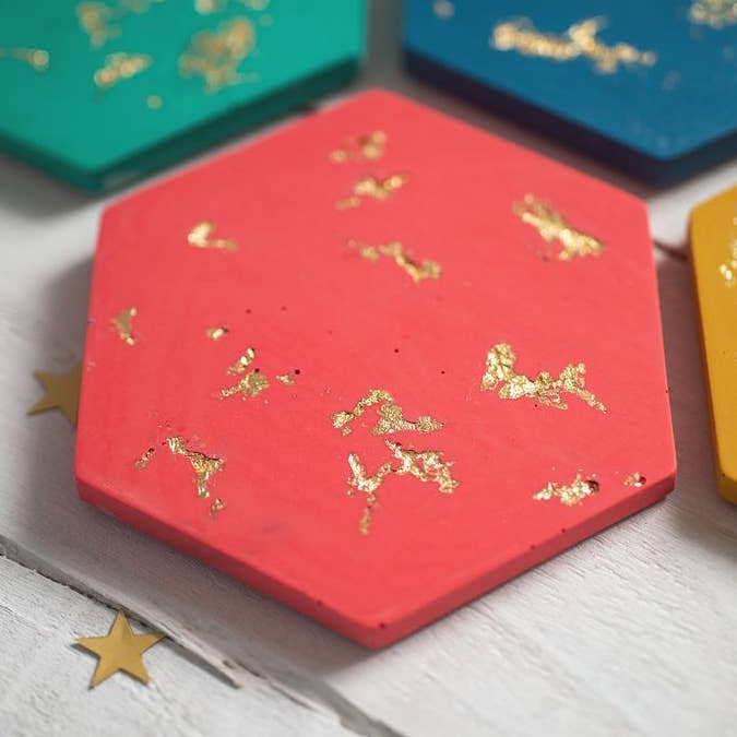 Colourful jesmonite hexagon coaster set of 4 for wholesale by Nine Angels