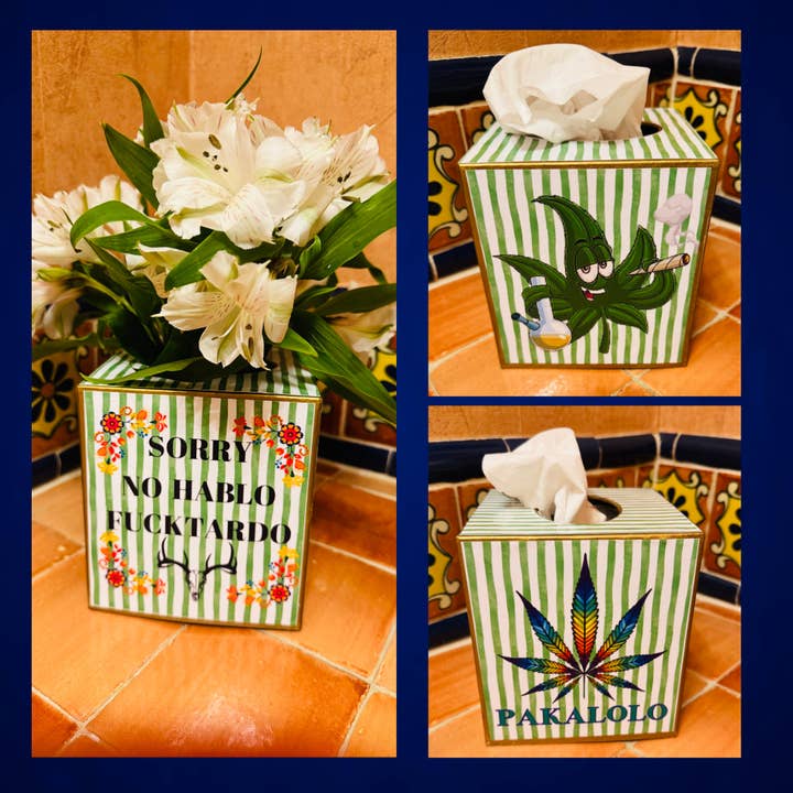 TOPICS IN THE TROPICS - Wholesale Tissue Box - Paper Mache Kleenex Box with Pot pics and sayings