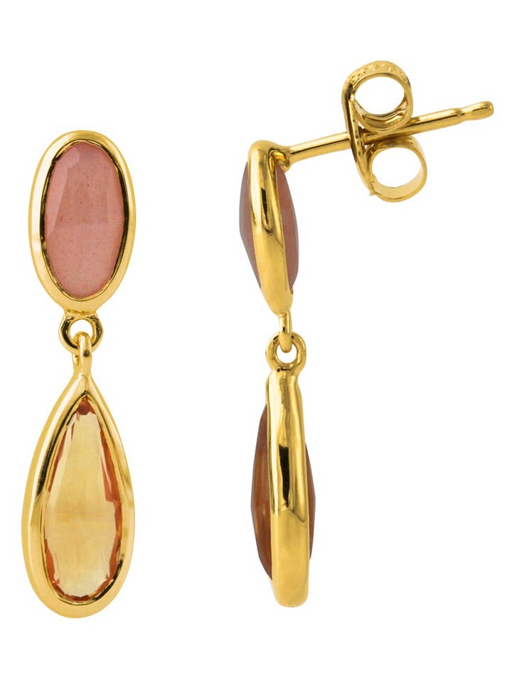 Orecchini a bottone in argento, placcati in oro 18 carati, con pietra di luna arancione e citrino per la vendita all'ingrosso da parte di Campur GmbH