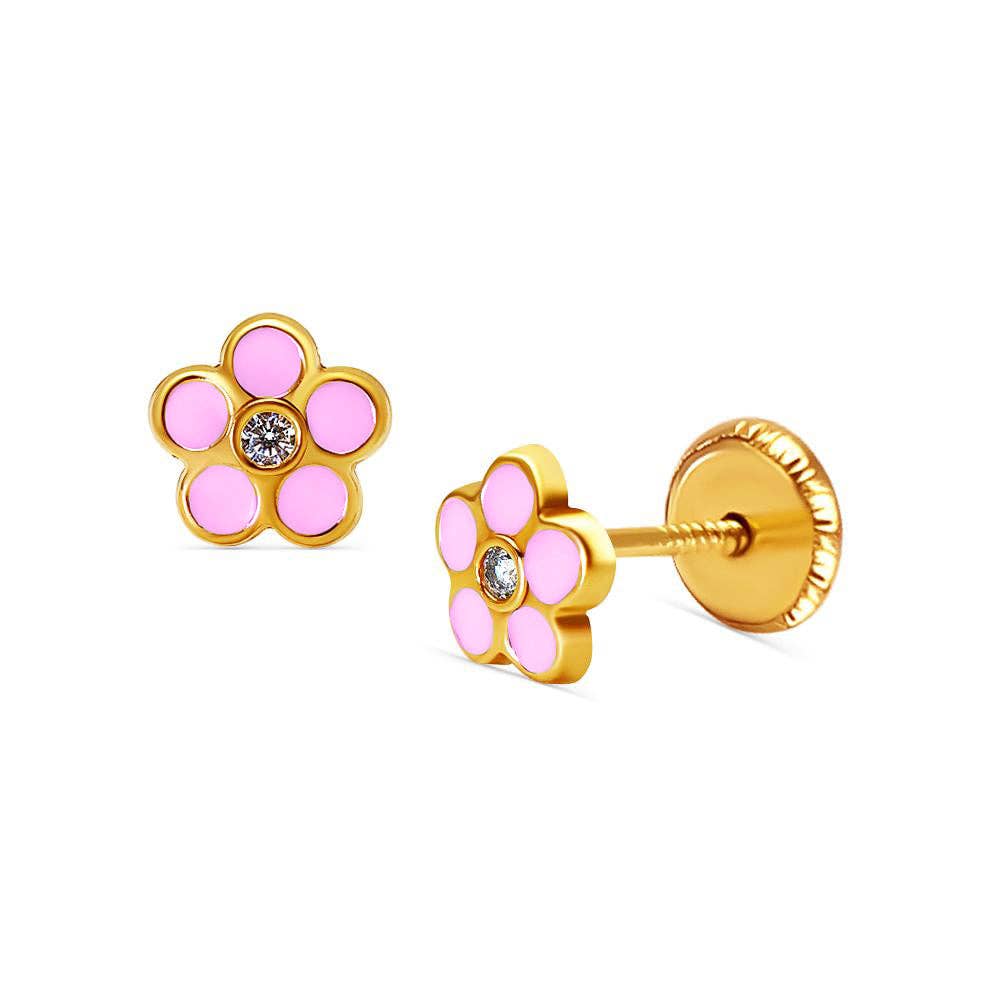 Barrocos – wholesale Stud/post earrings – Pink Daisy Flower Stud Earrings - Childrens Jewelry, Screw Back - 14k Yellow Gold0
