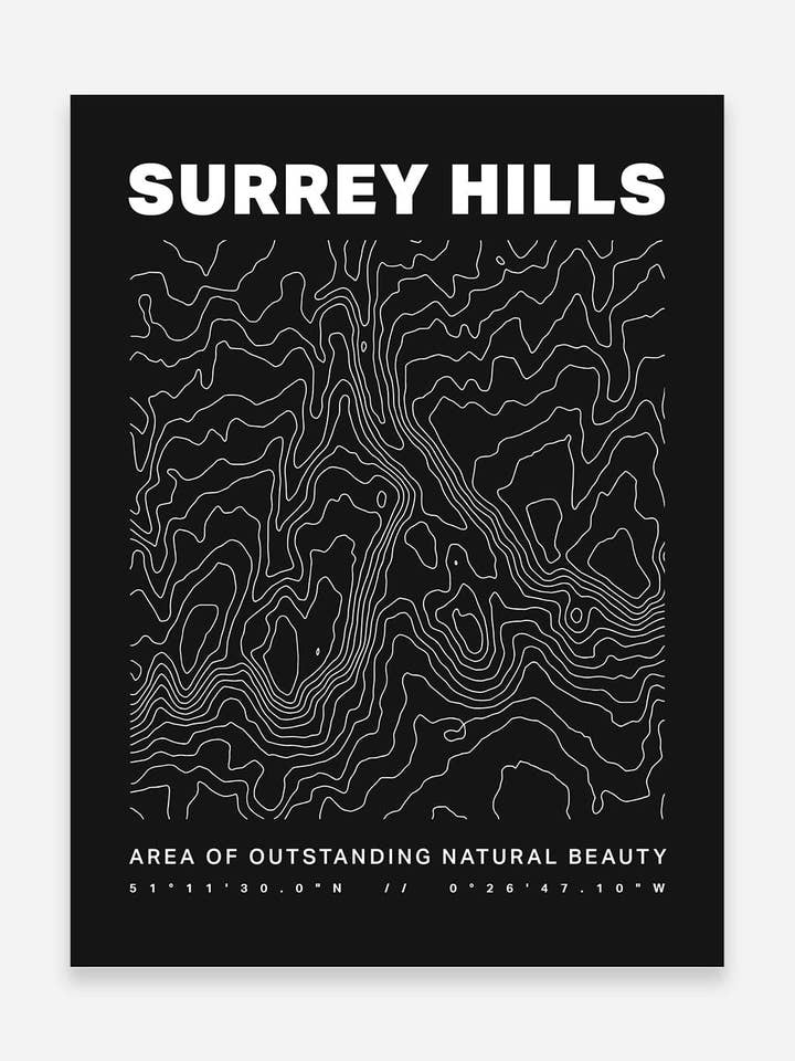 Surrey Hills AONB Konturer Kunsttryk for engroshandel hos Trailmaps.com