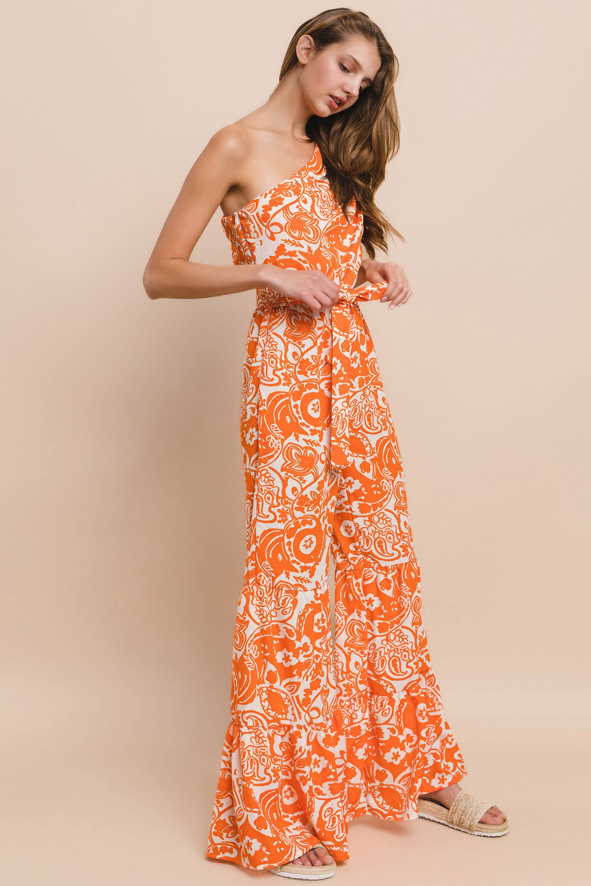 ONE SHOULDER PRINTED JUMPSUIT -  4339RB ORANGE for wholesale on Faire4