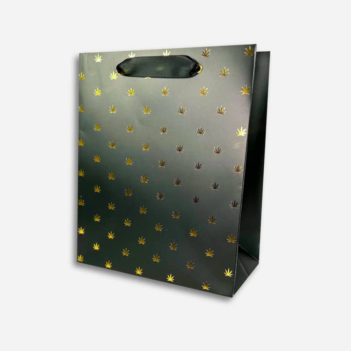 KushKards – Großhandel Geschenktüten – Luxuriöse Geschenktüte mit Topfblattmuster in Schwarz und Gold