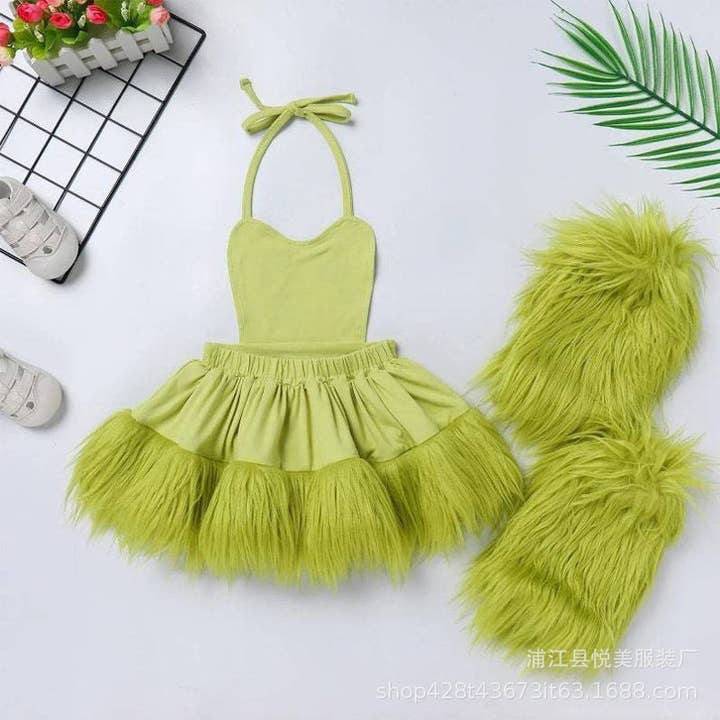 2-9Y Kids Girls Christmas Costume Green Fur Grinch Princess Dress Wholesale Kids Boutique Clothing for wholesale on Faire