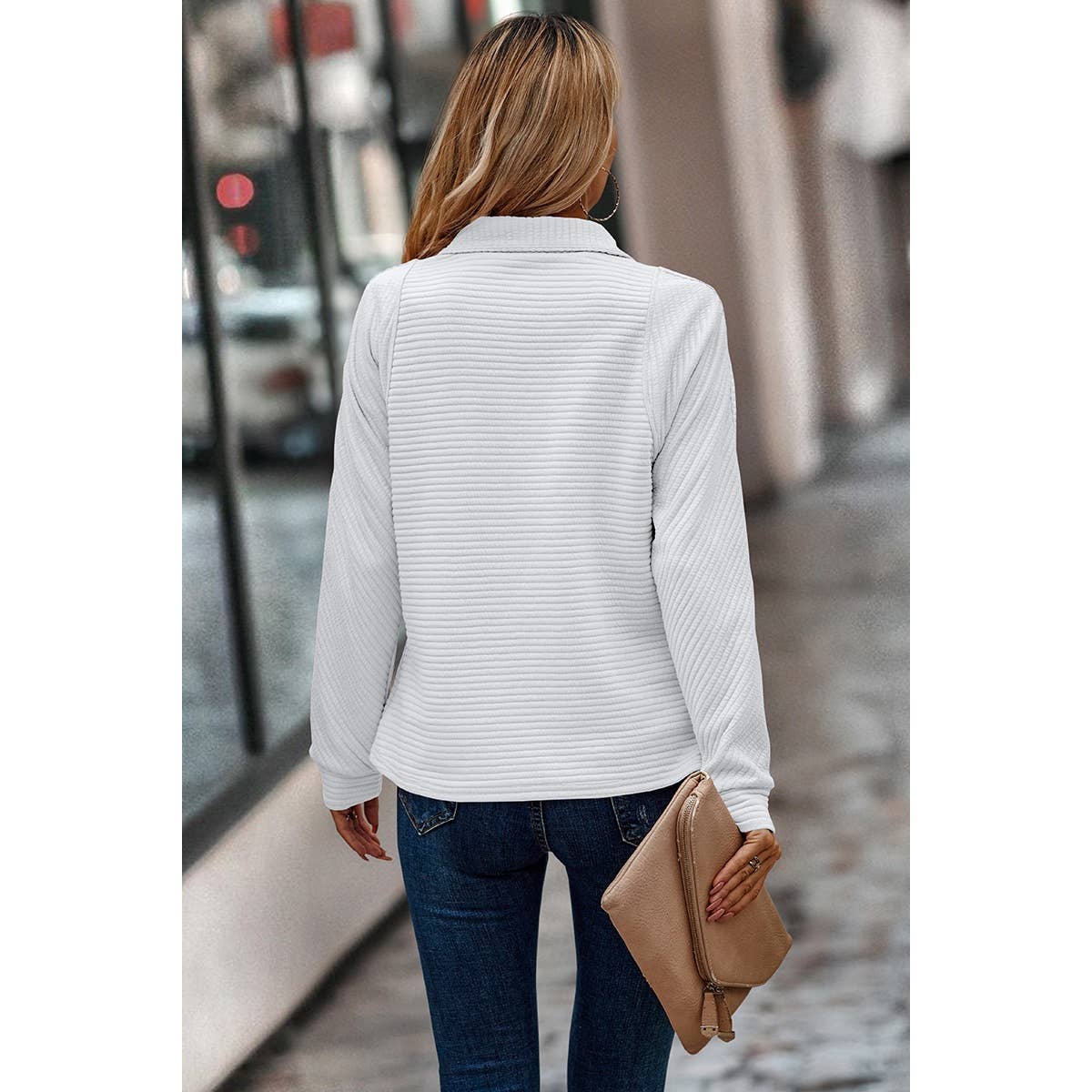 Supreme Fashion - Wholesale Sweatshirt - Dames - Sweatshirt met ritssluiting, textuur en gestreepte lange mouwen1