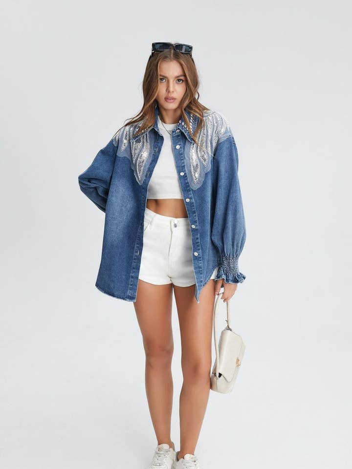 Blue 7360 Denim shirt with pearl, stone, and jewelry for wholesale on Faire0