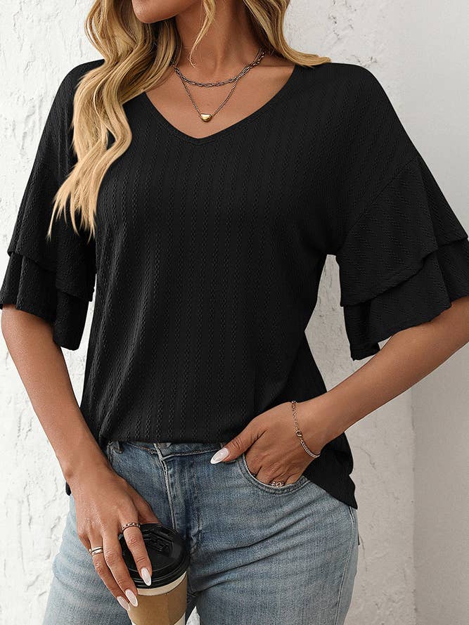 Haut à manches à volants et col en V uni MD164 pour la vente par UNISHE