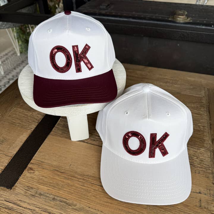 Oklahoma OK Maroon Sequin Trucker Hat Sooner for wholesale by Hart & Lux