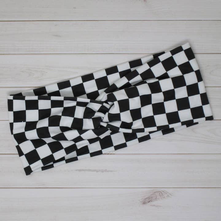 Checkered Black and White Race Flag Print Twist Headband for wholesale by Treasured Haven