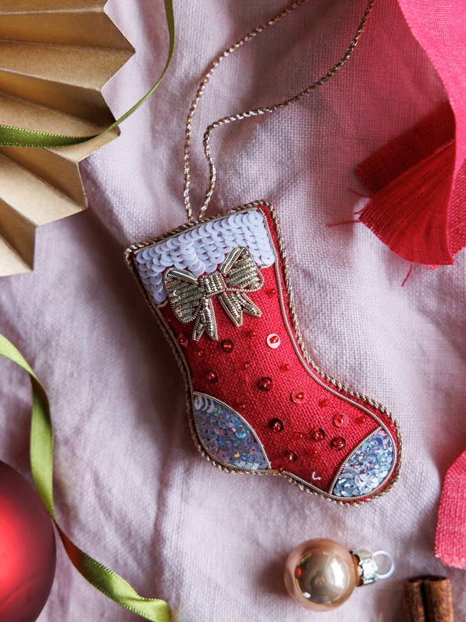 NEW Red Handmade Santa Stocking Christmas Decoration Bow for wholesale by Katie Larmour Linen