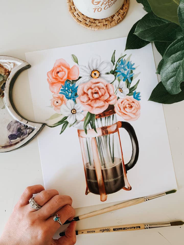 Franse pers koffie en bloemen print voor wholesale door MacaelaMade