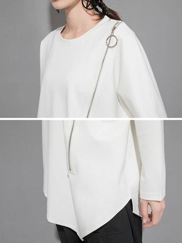 Sheer Trend - Wholesale Tunic - Women's - Black&White Asymmetric Zipper Split-Joint Loose T-Shirt Tops4