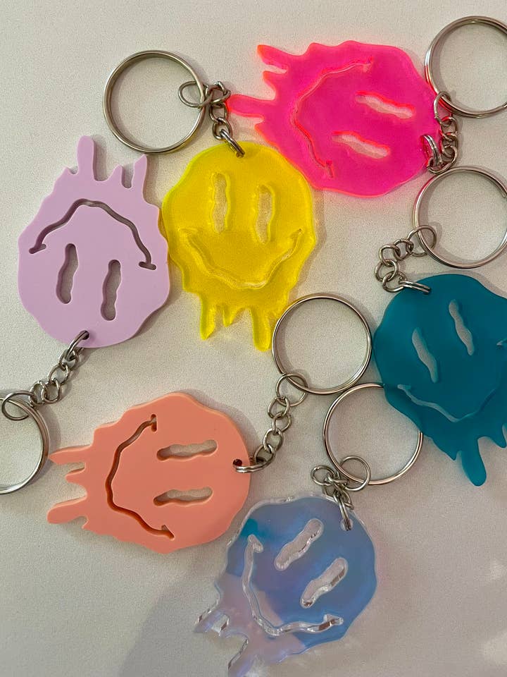 Melting Smiley Face Keychain Dripping Acrylic Retro for wholesale by The Oath Collective