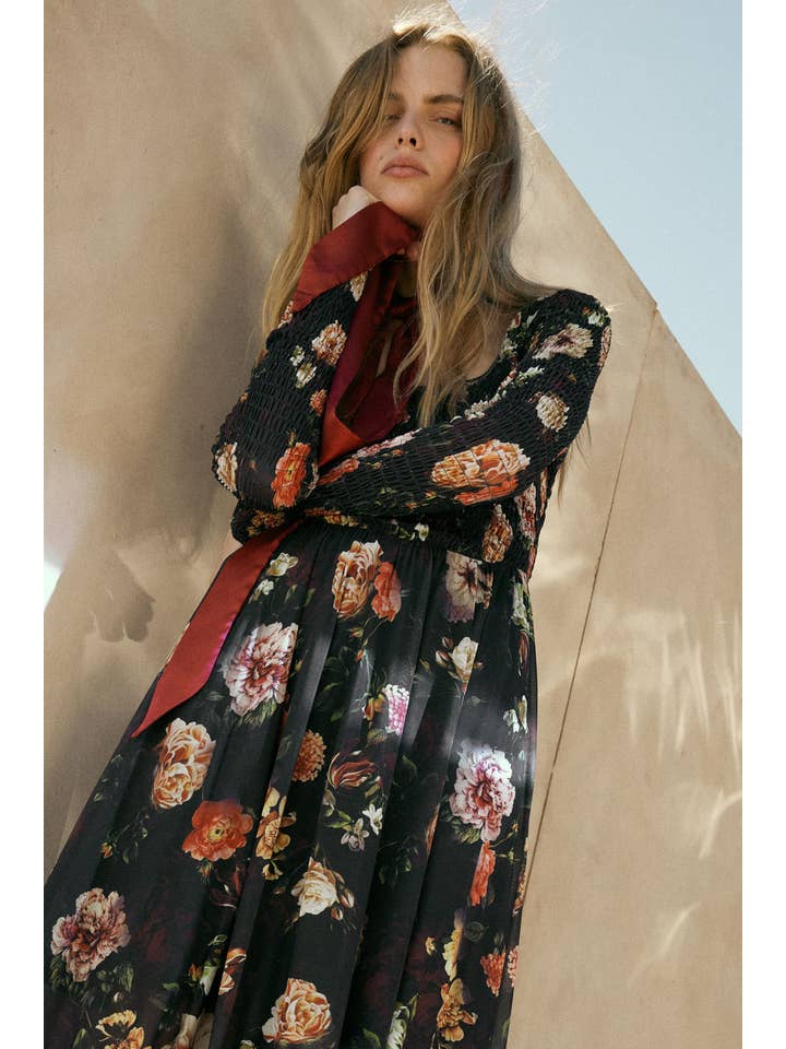 BLACK Floral-Print Mesh Smocked Long-Sleeve Maxi Dress for wholesale on Faire2