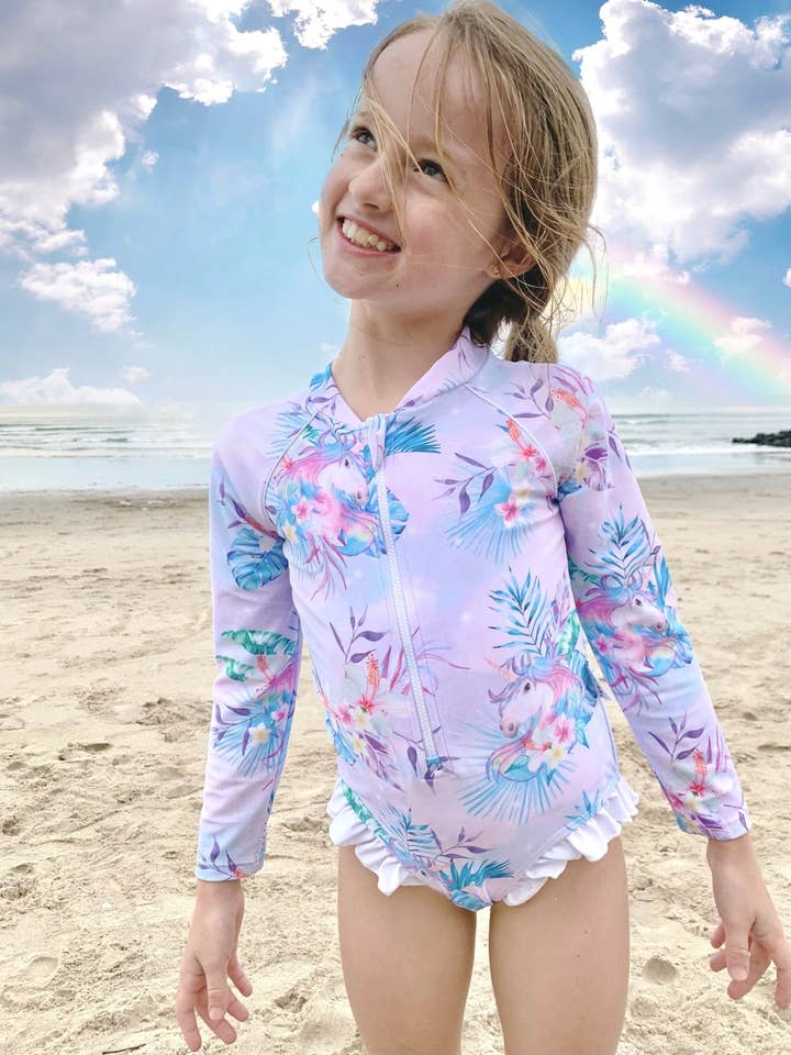 Girls Long-Sleeve Swimsuit - Tropic of Unicorn for wholesale by Tribe Tropical
