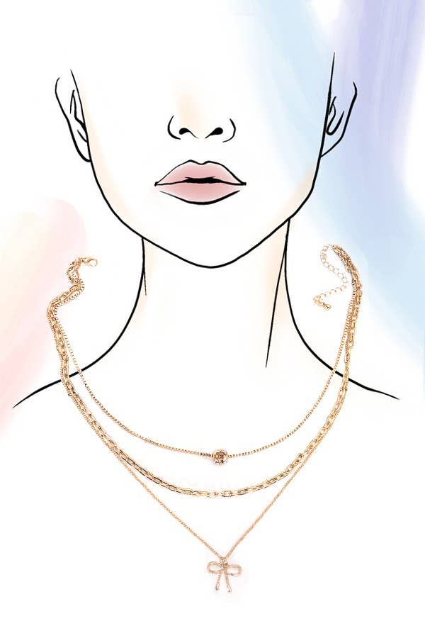 Gold MULTI LAYER PEARL BOW CAHRM NECKLACE | 80N605 for wholesale on Faire4