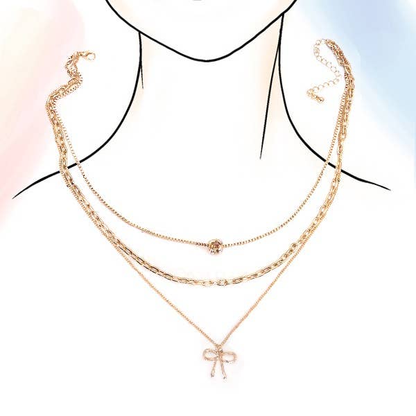 Gold MULTI LAYER PEARL BOW CAHRM NECKLACE | 80N605 for wholesale on Faire4