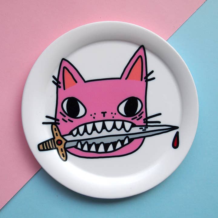 Rosa Katze mit Dolch illustriertes Schmucktablett, Ringschale für den Großhandel von I LIKE CATS
