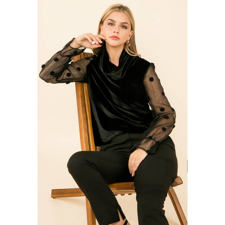 BLACK Velvet Turtleneck Mesh Sleeve Top for wholesale on Faire