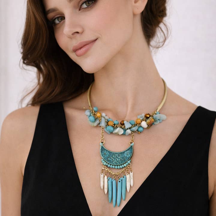 Bohemian Moon Fringe Beaded Necklace for wholesale by Miss Minna