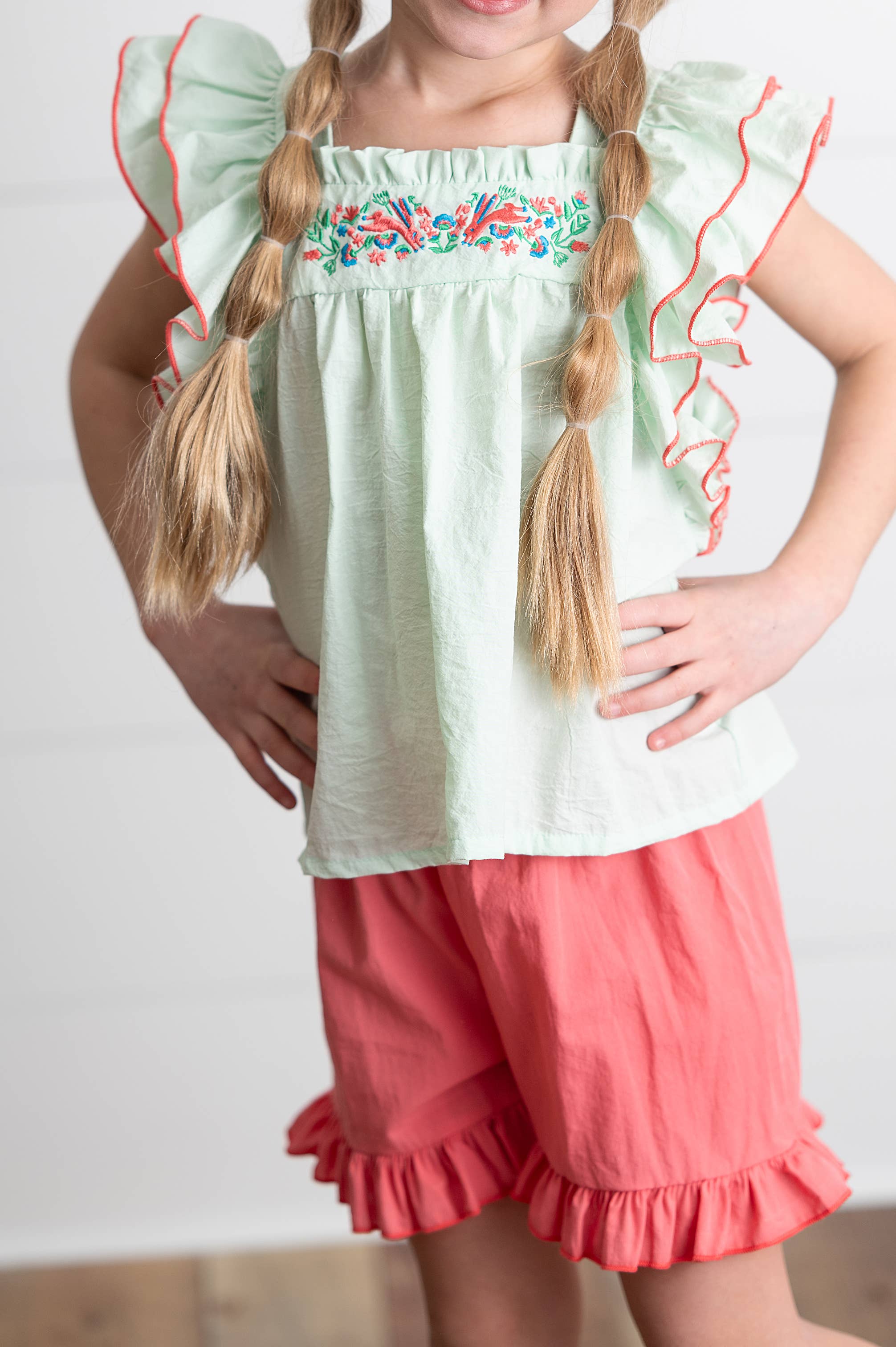Wren & James - Wholesale Top & Short Set - Kids - Girls Embroidered Mint Ruffle Top & Pink Short Set3