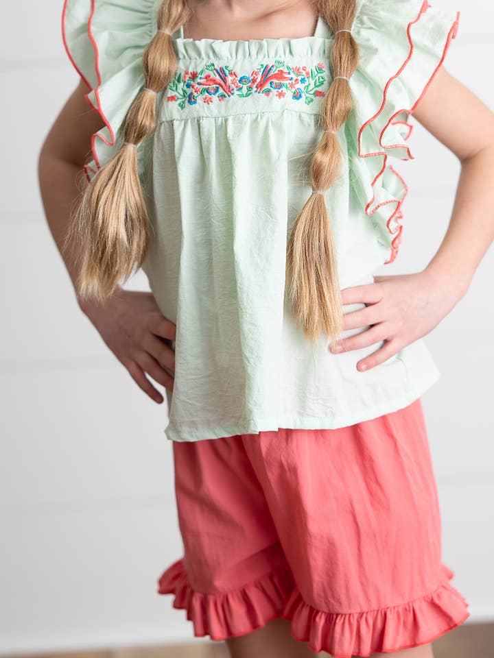 Wren & James - Wholesale Top & Short Set - Kids - Girls Embroidered Mint Ruffle Top & Pink Short Set3