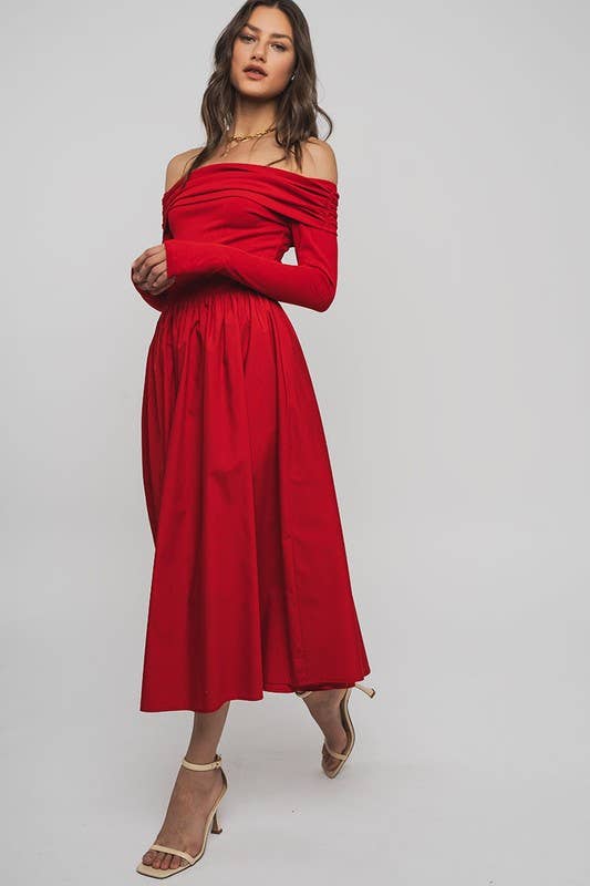 Urban Daizy - Wholesale Dress - Women's - Elegant Off Shoulder Ruched Long Sleeve Spring Midi Dress0