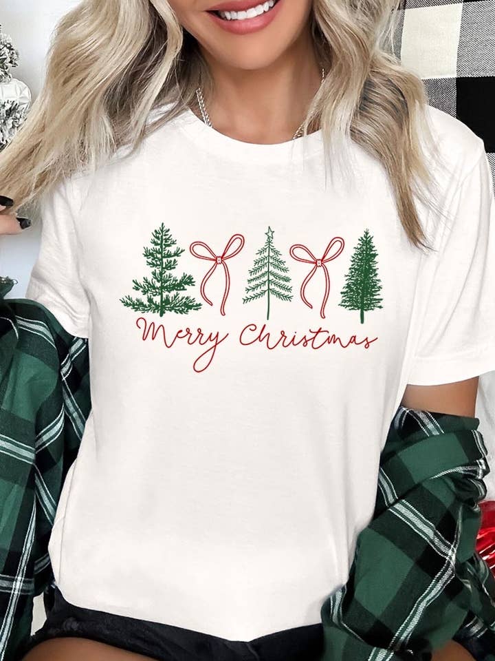 Merry Christmas Ribbons Graphic Tee for wholesale by Pink Irene Wholesale