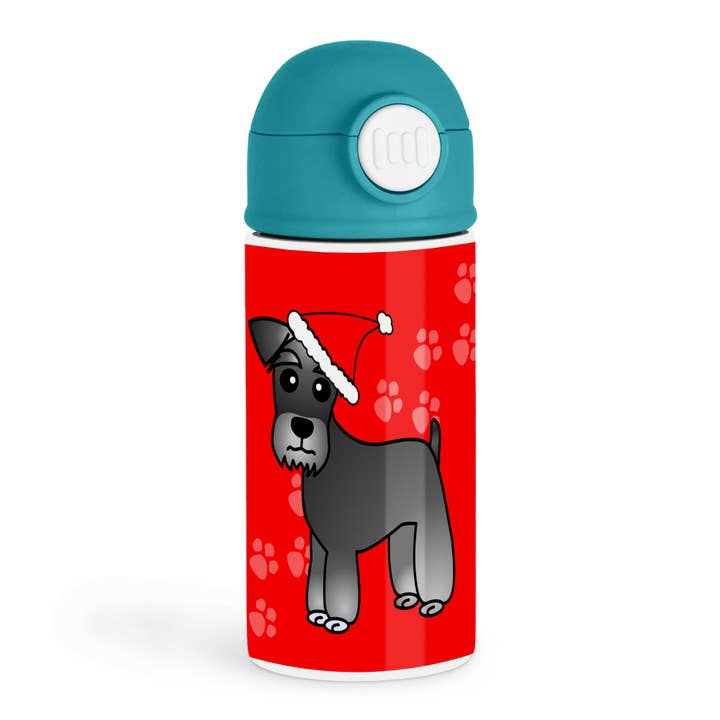 3dRose - Wholesale Water bottle - 3dRose, Cute Miniature Schnauzer Banded Coat (Salt and Pepper) - Cartoon Dog - Green with Santa Hat, Kids Water Bottle