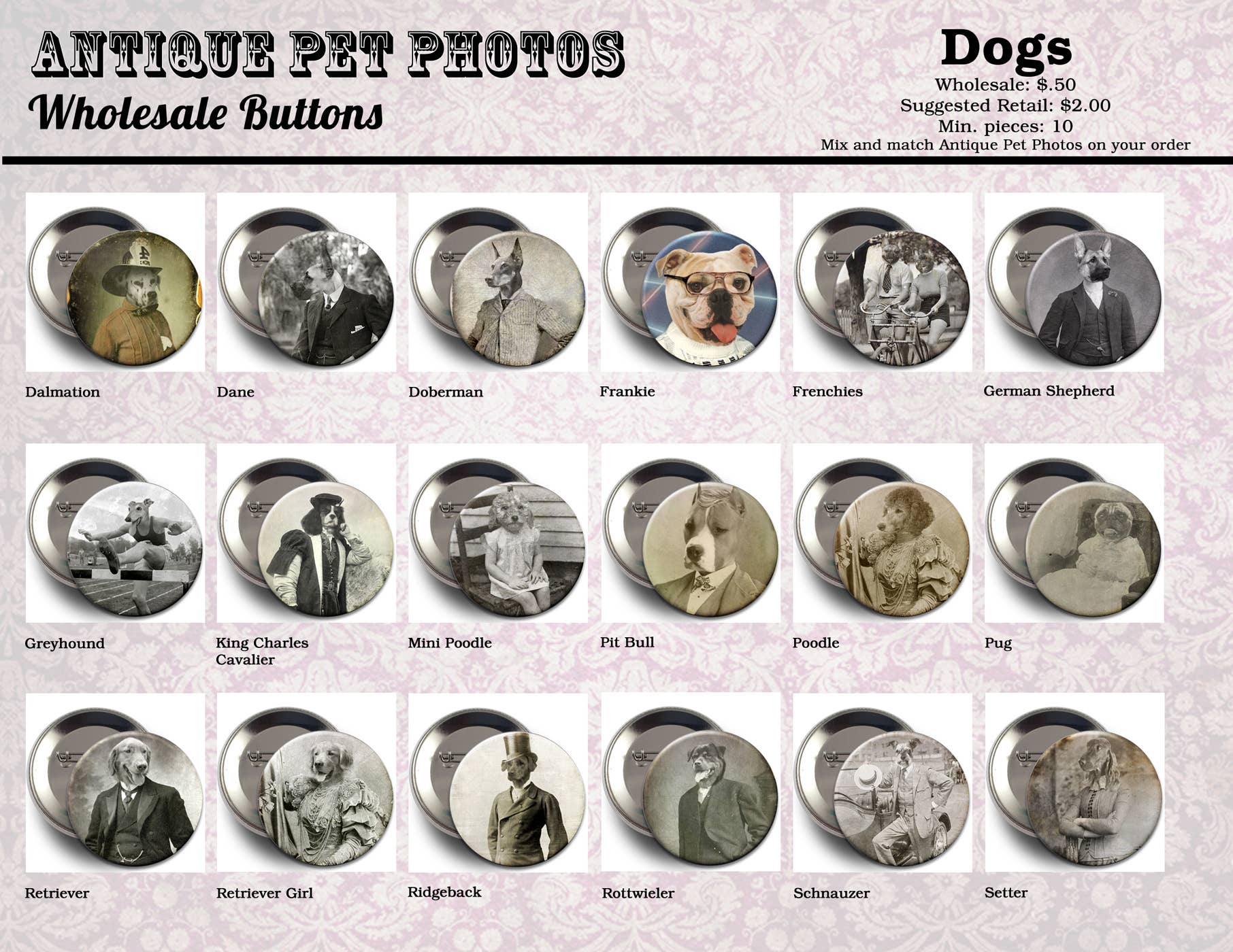 The Wild Oddisorium - Wholesale Lapel Pin/Button - Dog Buttons, Pins, Badges, POS, Funny Dogs in Clothes, Cute44