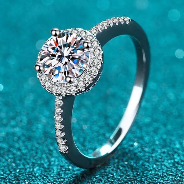 Moissanite Halo Pave Engagement Ring in 925 Sterling Silver for wholesale by Perimade & Co. LLC