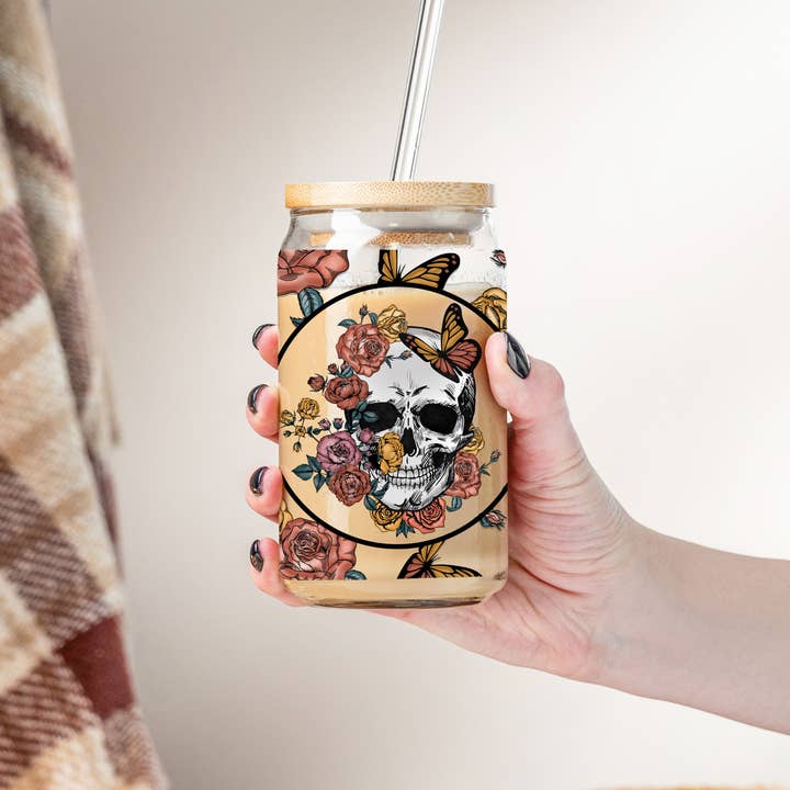 Emma and G Designs - Wholesale Drinking Glass/Cup - Skull Floral Can Clear Glass | GLASS ONLY1